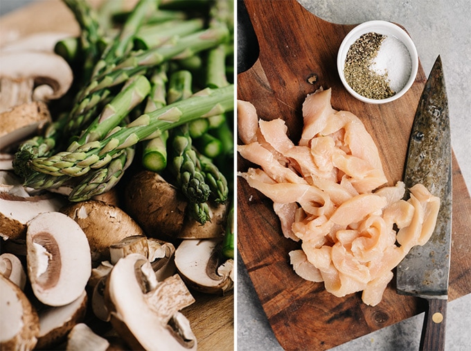 Sliced asparagus, mushrooms, and raw chicken strips on cutting boards - the prep for chicken and asparagus skillet recipe.
