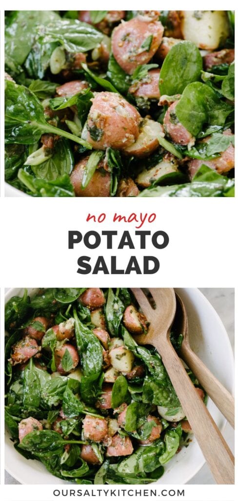 Top - side view of no mayo potato salad in a white mixing bowl; bottom - wood serving utensils tucked into a bowl of no mayo potato salad with red potatoes, spinach, and basil vinaigrette; title bar in the middle reads "no mayo potato salad".