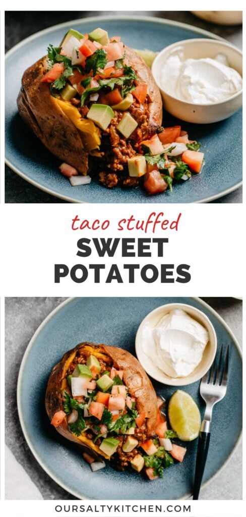 Top - side view, baked sweet potato stuffed with taco meat and garnished with avocado and pico de gallo; bottom - a taco stuffed sweet potato on a blue plate with a small dish of sour cream, lime wedge, and fork.