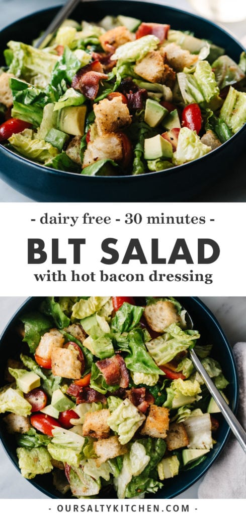 Two views of a BLT Salad in a blue bowl with text overlay for Pinterest Pins.