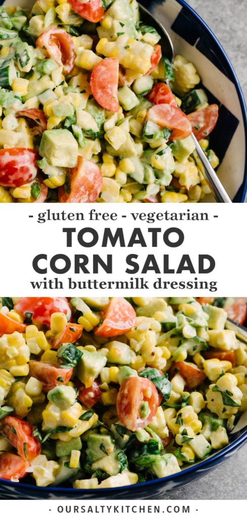 Two images of tomato corn salad with a text bar in the center for Pinterest.