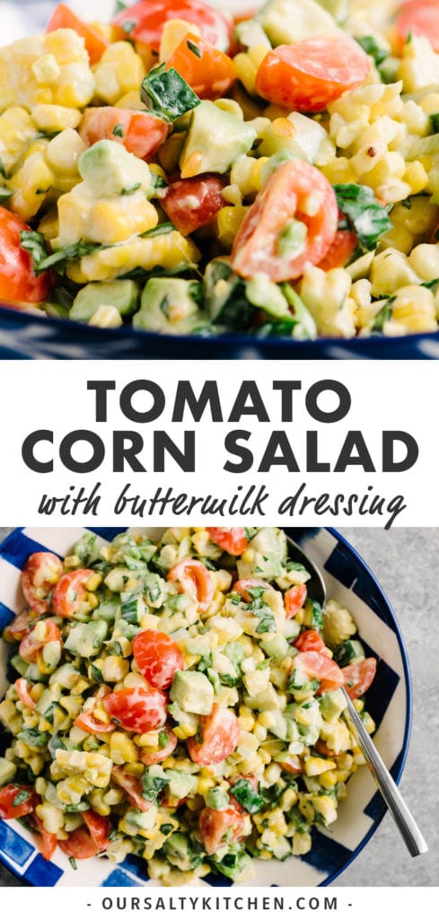 Two images of tomato corn salad with a text bar in the center for Pinterest.