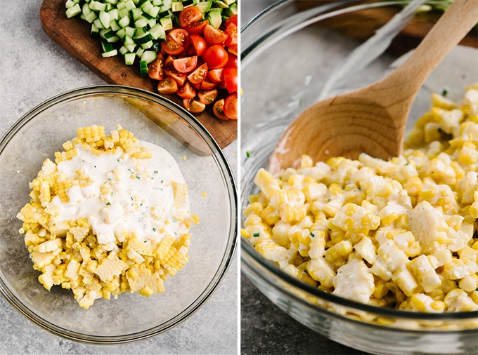 Grilled corn kernels in a glass mixing bowl before and after tossing with buttermilk dressing.