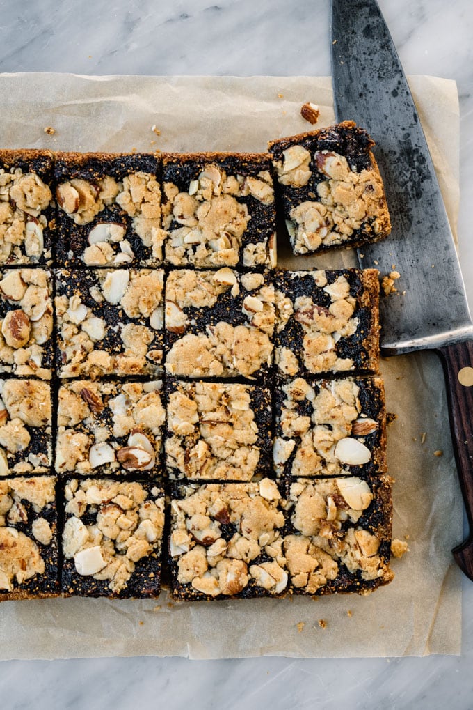 From overhead, homemade fig bars cut into squares.