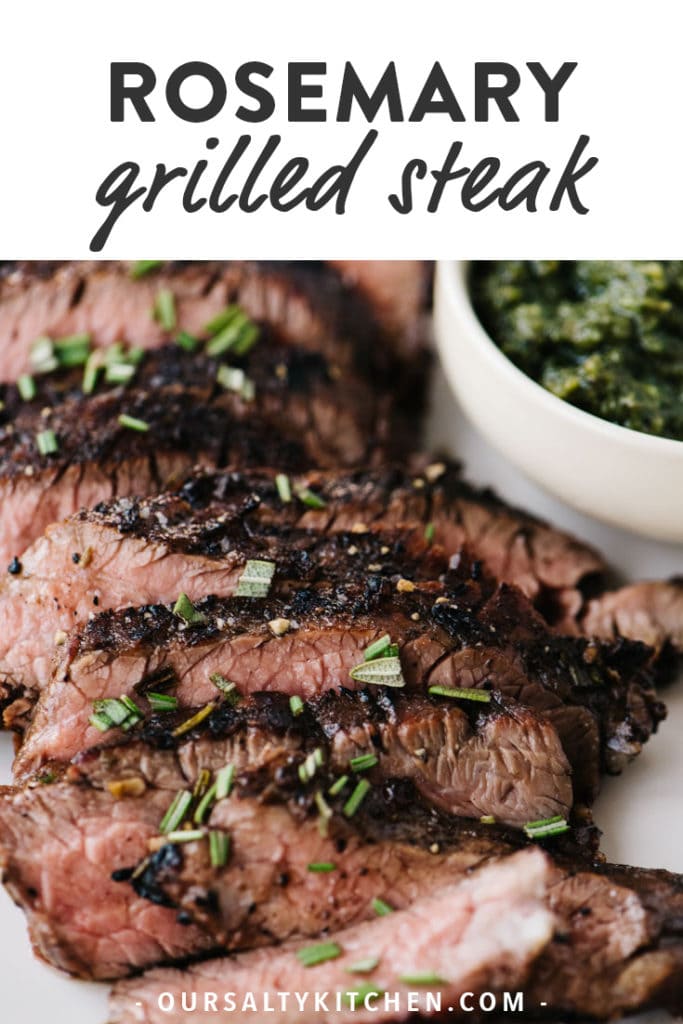 Thin slices of rosemary steak on a white plate with text for Pinterest.