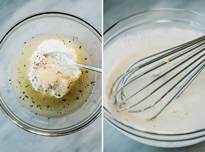 Two images showing the first steps for making creamy lemon dressing.