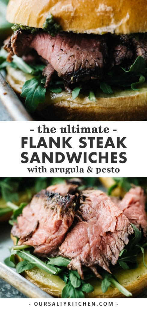 Pinterest image for the ultimate steak sandwiches with arugula and pesto.