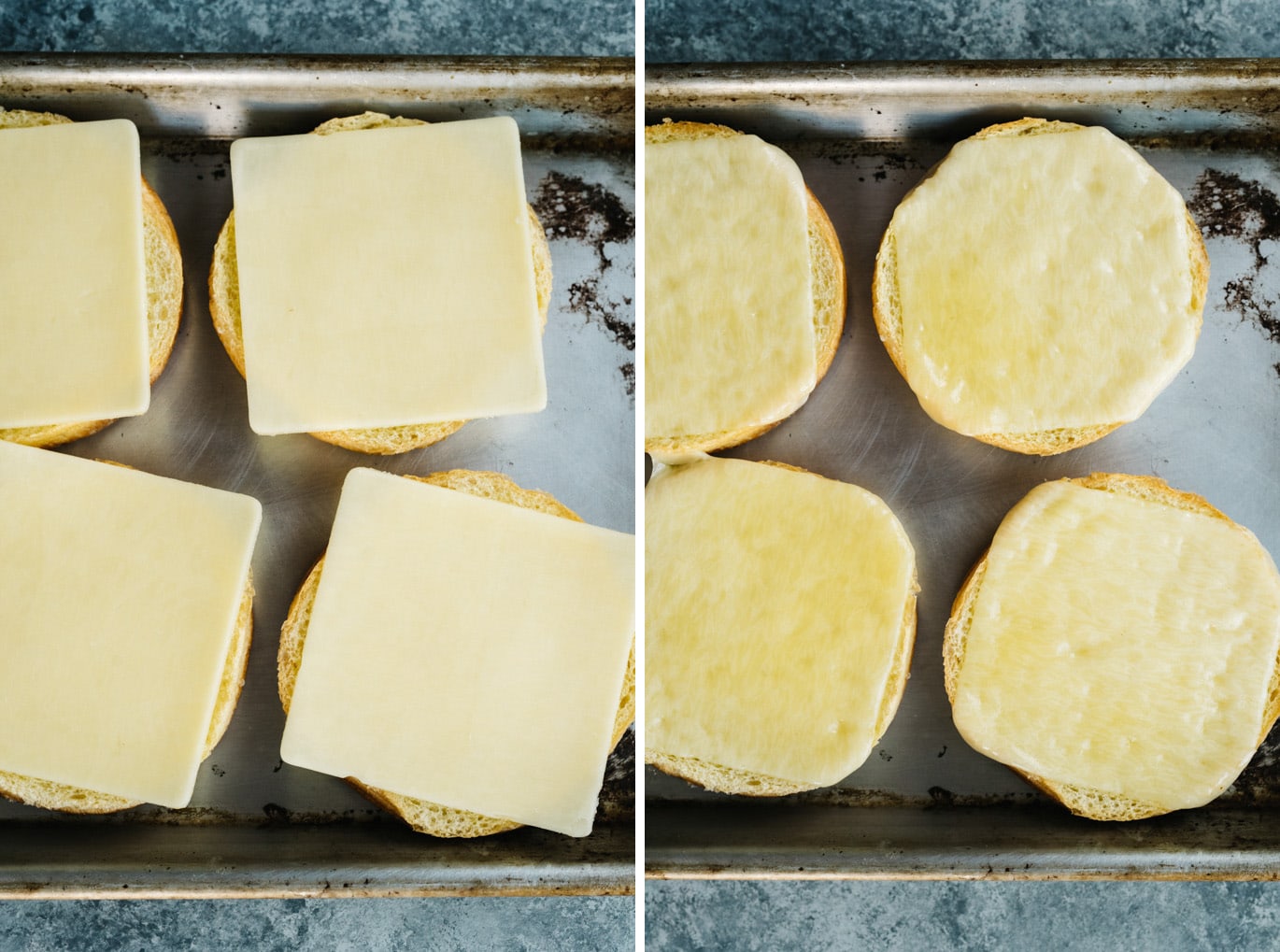 A slice of sharp cheddar over a brioche bun before and after being broiled.