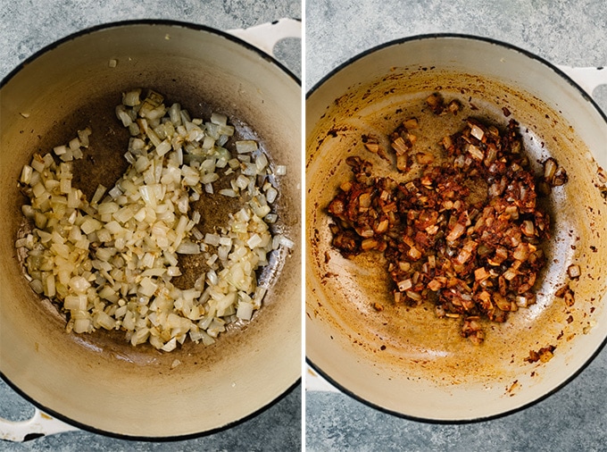 Two images showing the first steps for making citrus black beans.