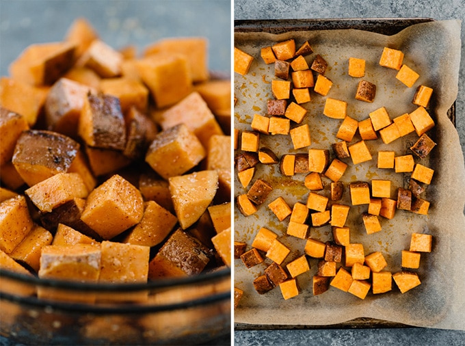 Two images showing how to roast sweet potatoes - diced seasoned potatoes in a bowl, and sweet potatoes on a baking sheet.