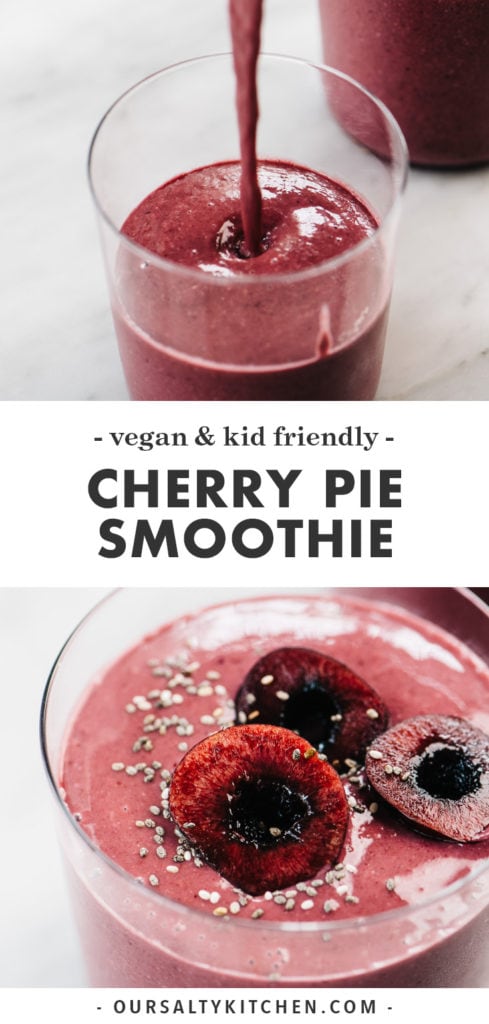 Pinterest image for a vegan cherry smoothie made without yogurt (tastes like cherry pie!).