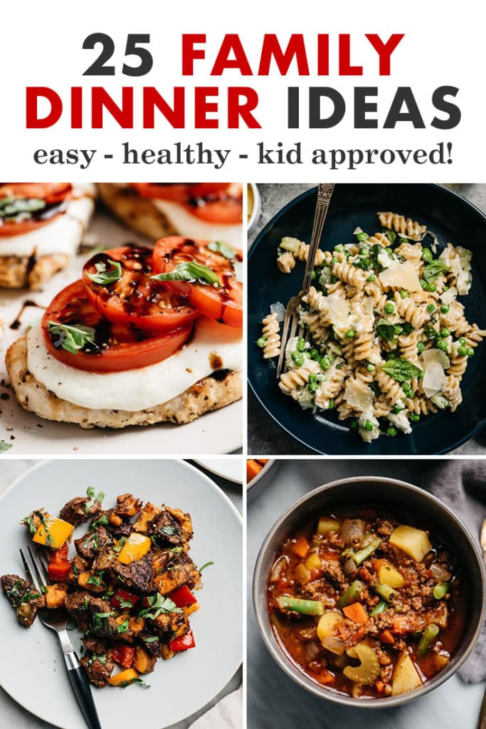 A collage of family friendly dinner ideas and recipes for Pinterest.