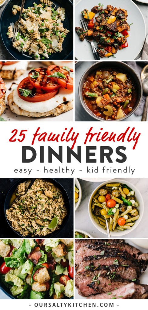 A collage of family friendly dinner ideas and recipes for Pinterest.