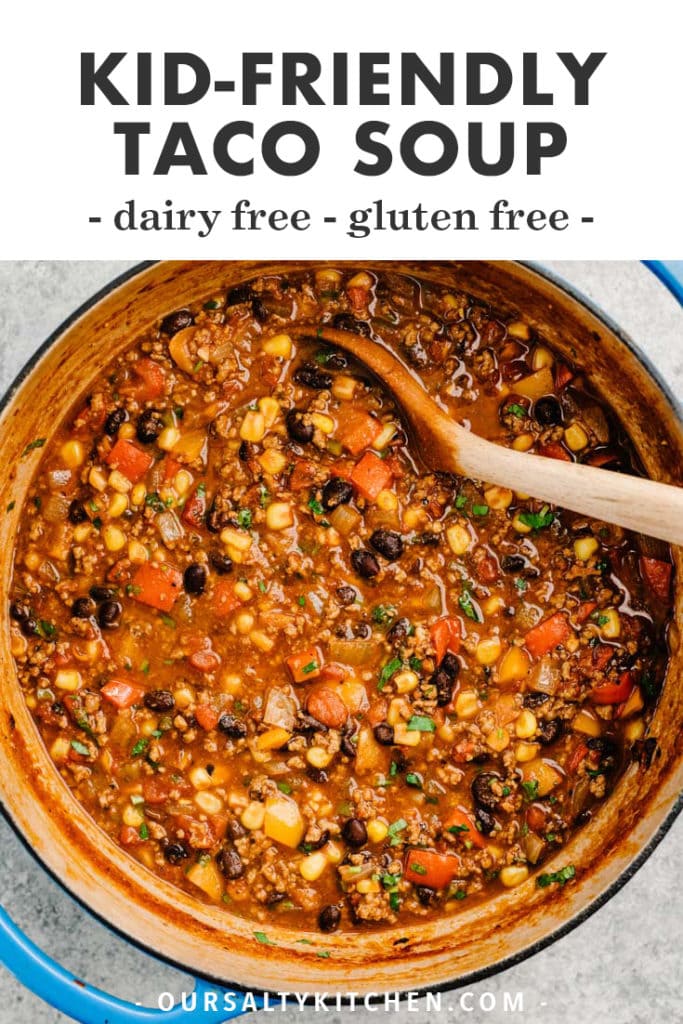 Pinterest image for healthy weeknight taco soup recipe.