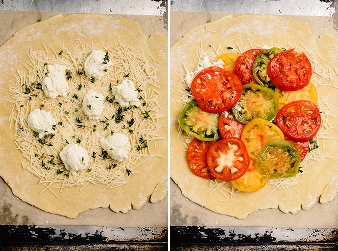 Two images showing how to layer a galette crust with cheese, herbs, and tomatoes.