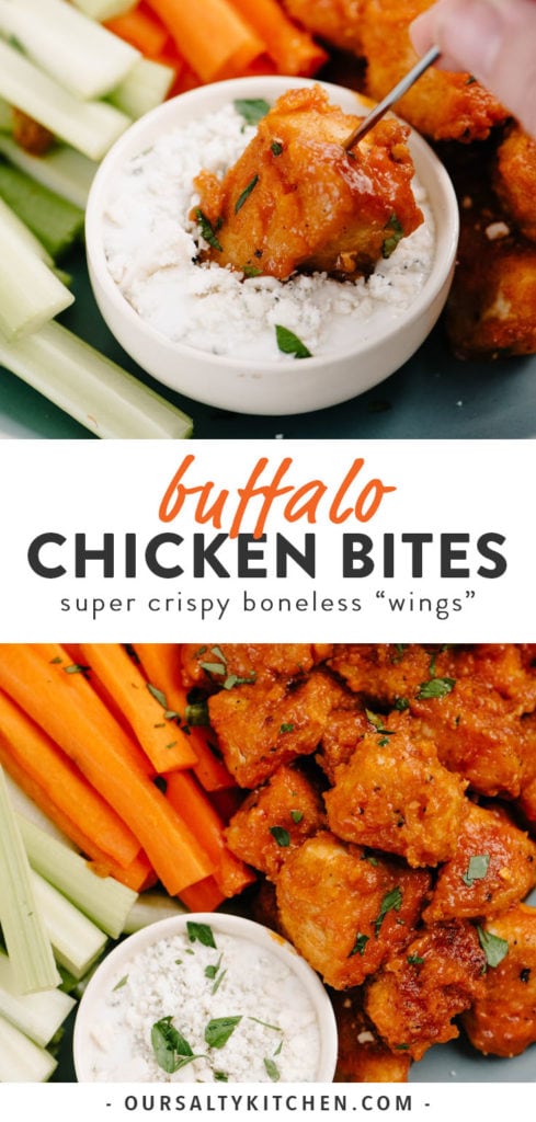 Pinterest collage for boneless buffalo wings recipe (buffalo chicken bites).