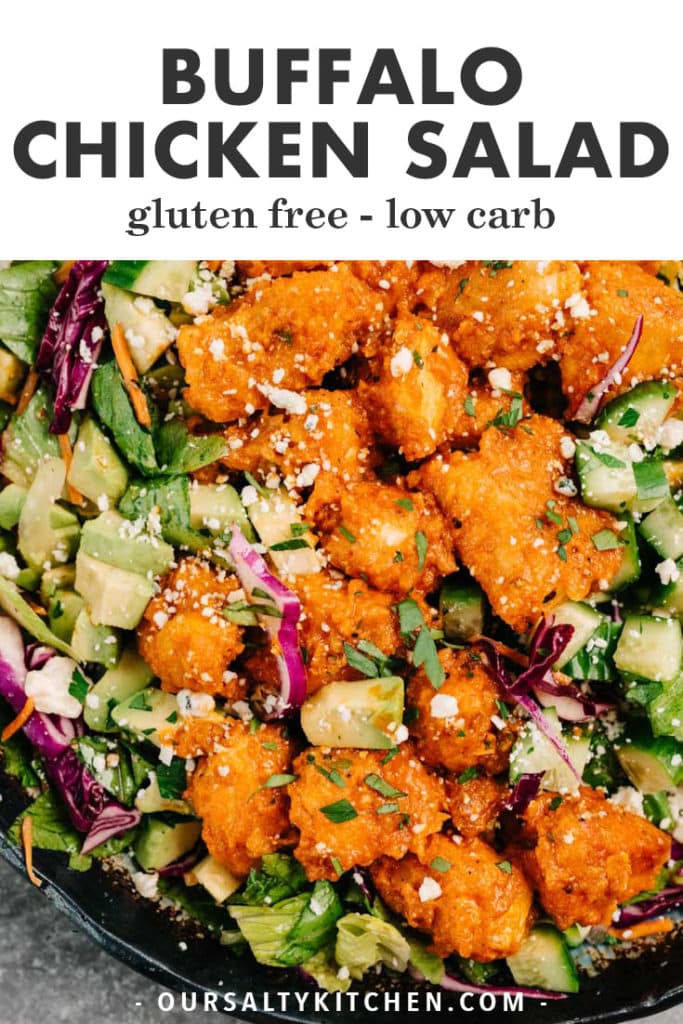Pinterest image for a gluten free and paleo buffalo chicken salad recipe.