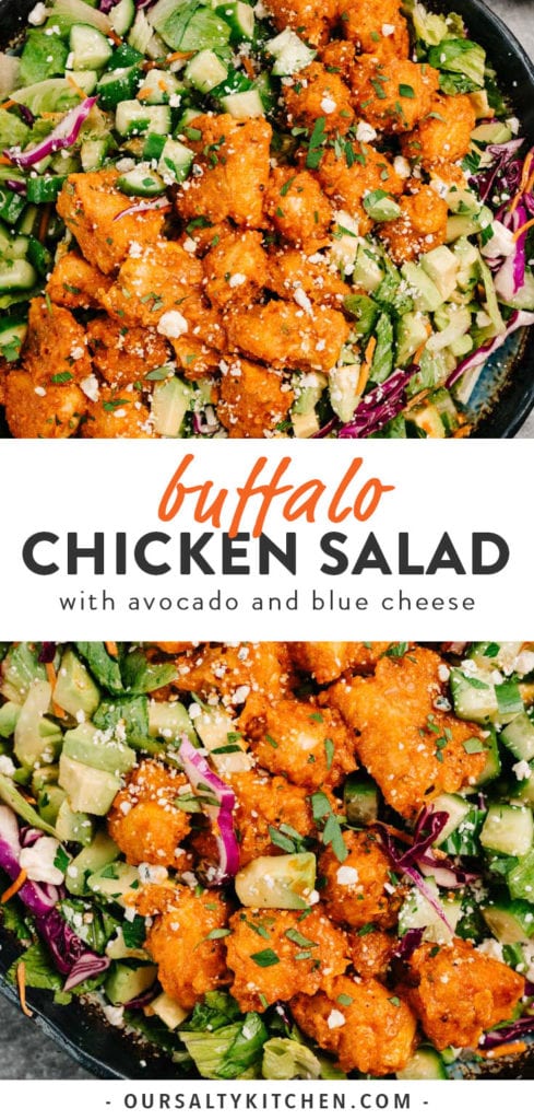 Pinterest collage for a gluten free buffalo chicken dinner salad recipe.