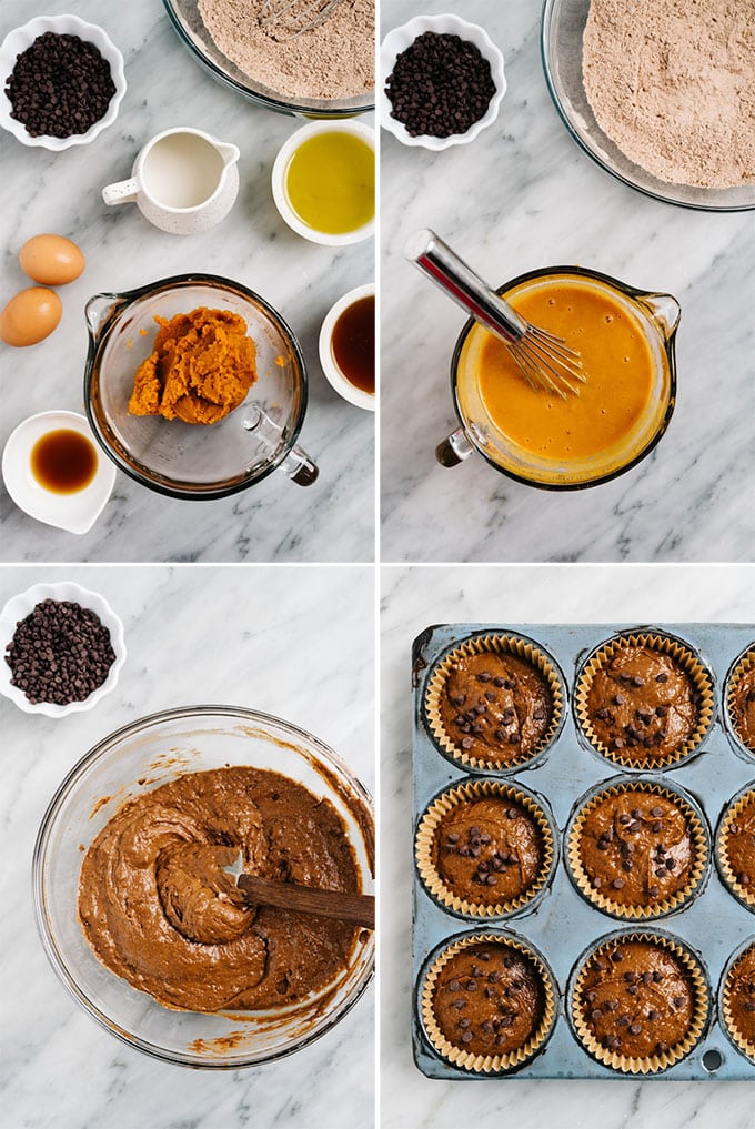 A collage of images showing how to make chocolate pumpkin muffins.