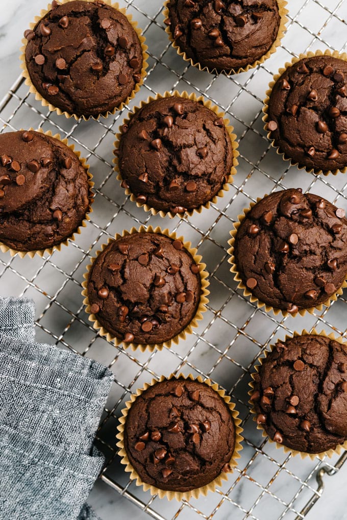 Chocolate pumpkin muffins cooling on a rack. 