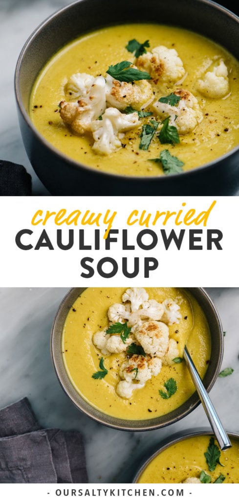Pinterest collage for a curried cauliflower soup recipe with cauliflower, apple, and coconut milk.