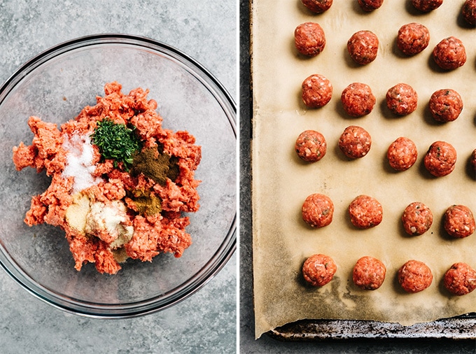 Swedish meatball ingredients in a mixing bowl, and formed mini meatballs on a baking sheet.
