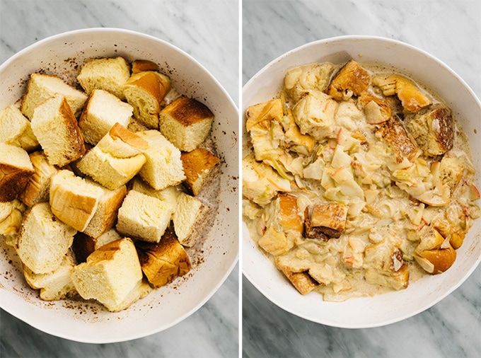 The ingredients for apple bread pudding in a large mixing bowl before and after being tossed together.