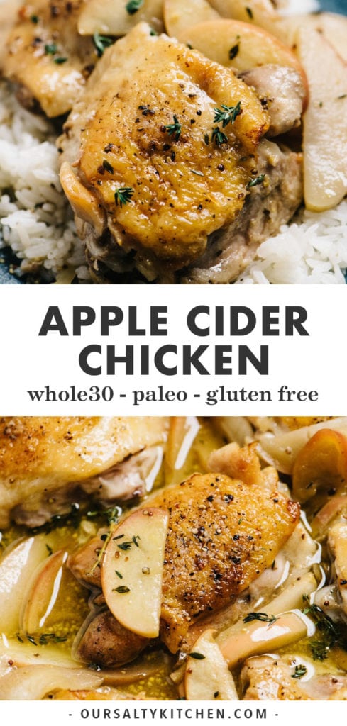 Pinterest collage for apple cider chicken with fresh apples.