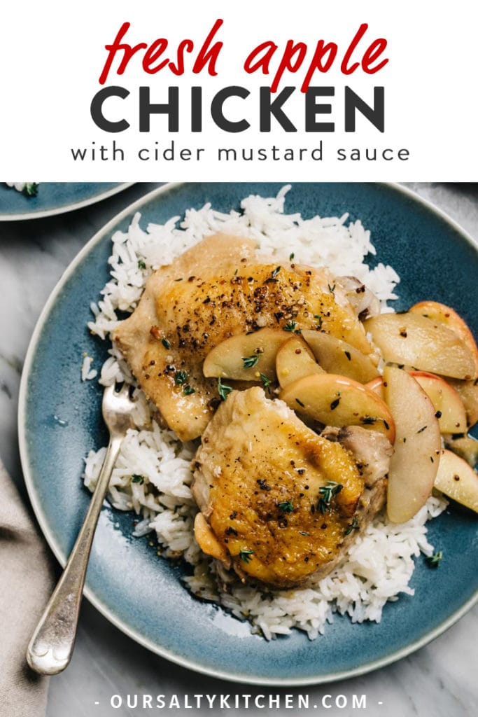 Pinterest image for apple chicken recipe with cider mustard sauce.