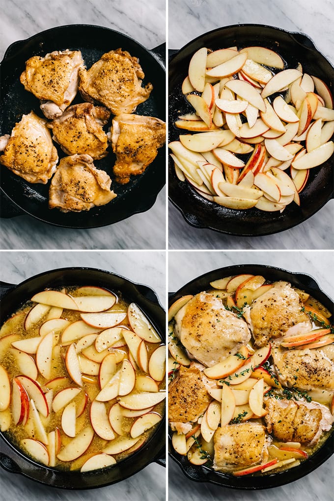 A collage of images showing how to make on pan apple chicken with cider sauce.