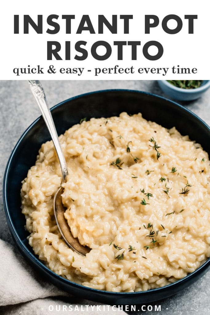 Pinterest image for a pressure cooker risotto recipe.