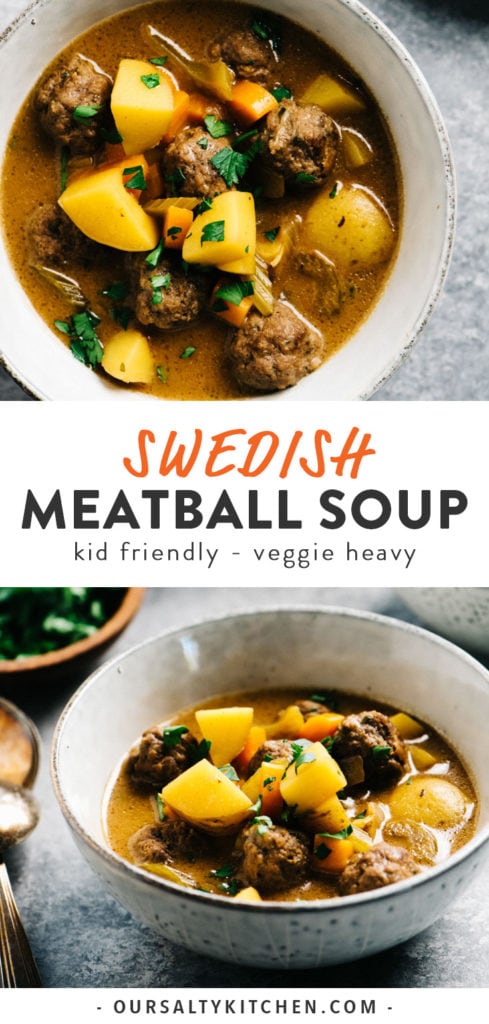 Pinterest collage for healthy Swedish Meatball Soup.