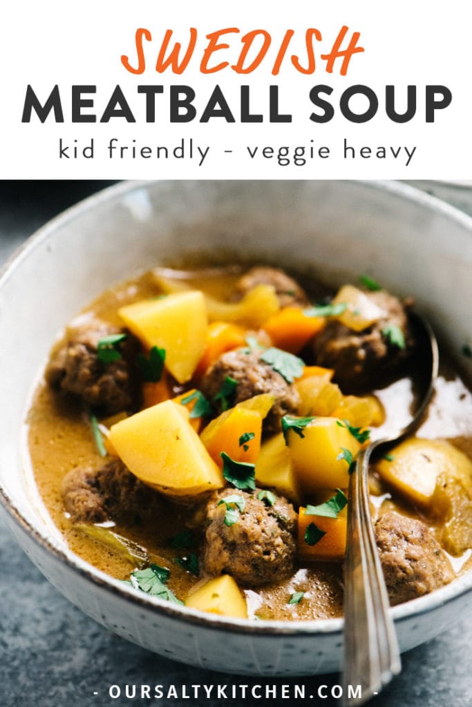 Pinterest image for low carb and gluten free Swedish Meatball Soup.