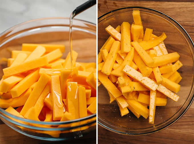 A bowl of butternut squash fries tossed with olive oil, salt, and thyme.