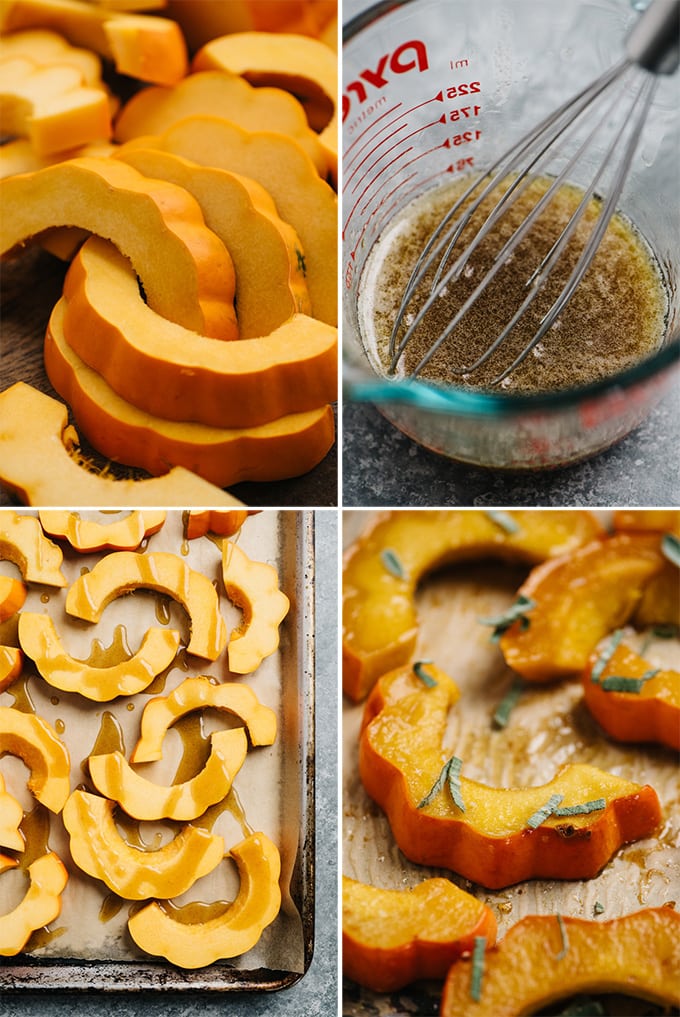 A collage of images showing an example of custom recipe photography for a roasted acorn squash recipe.