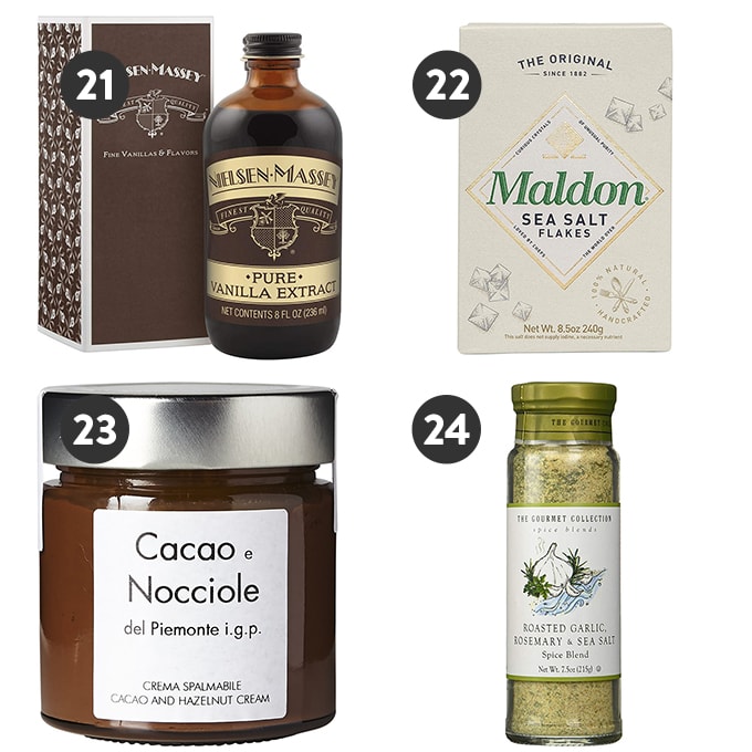 A collage of edible stocking stuffer gift ideas for foodies and home cooks.