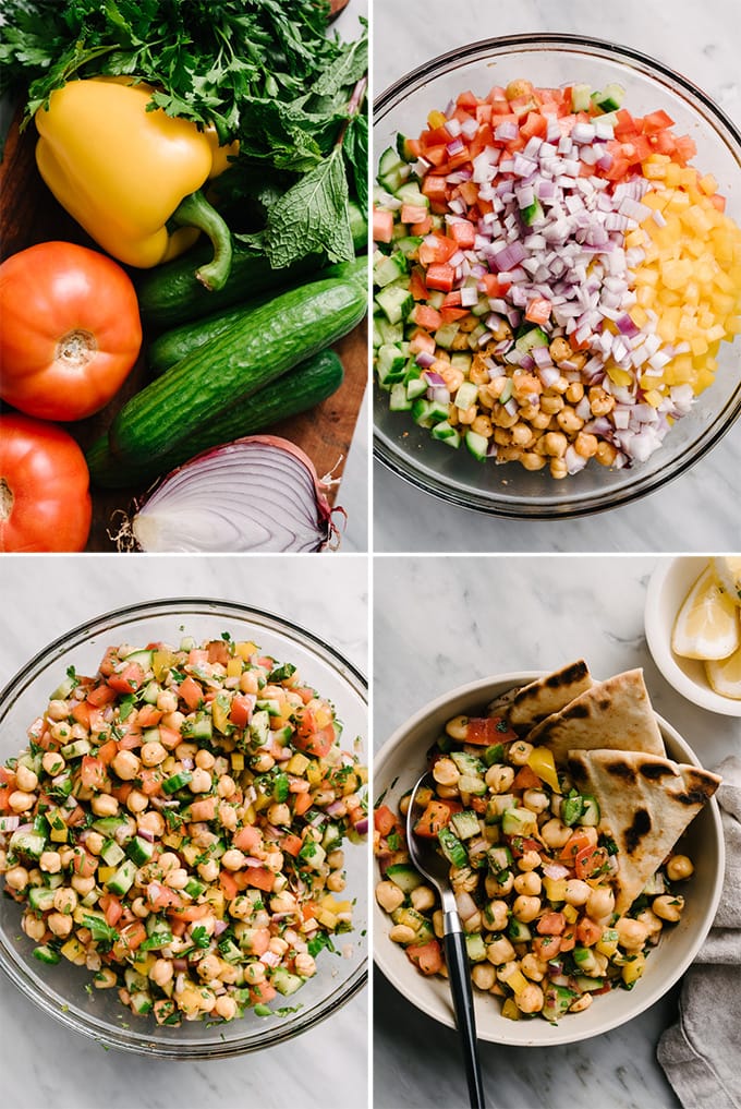 A collage of images showing an example of custom recipe photography for a mediterranean chickpea salad recipe.