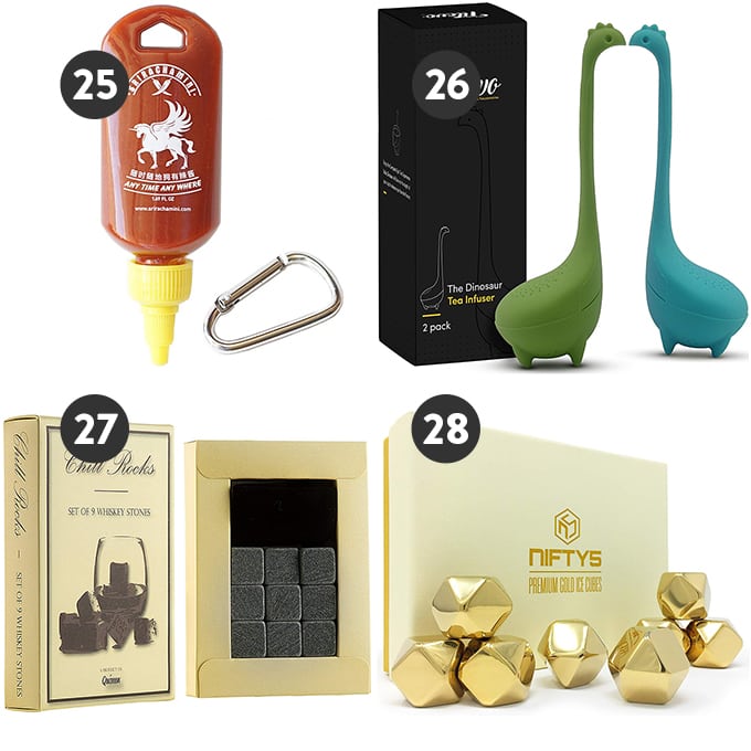 A collage of fun and quirky stocking stuffer gift ideas for foodies and home cooks.