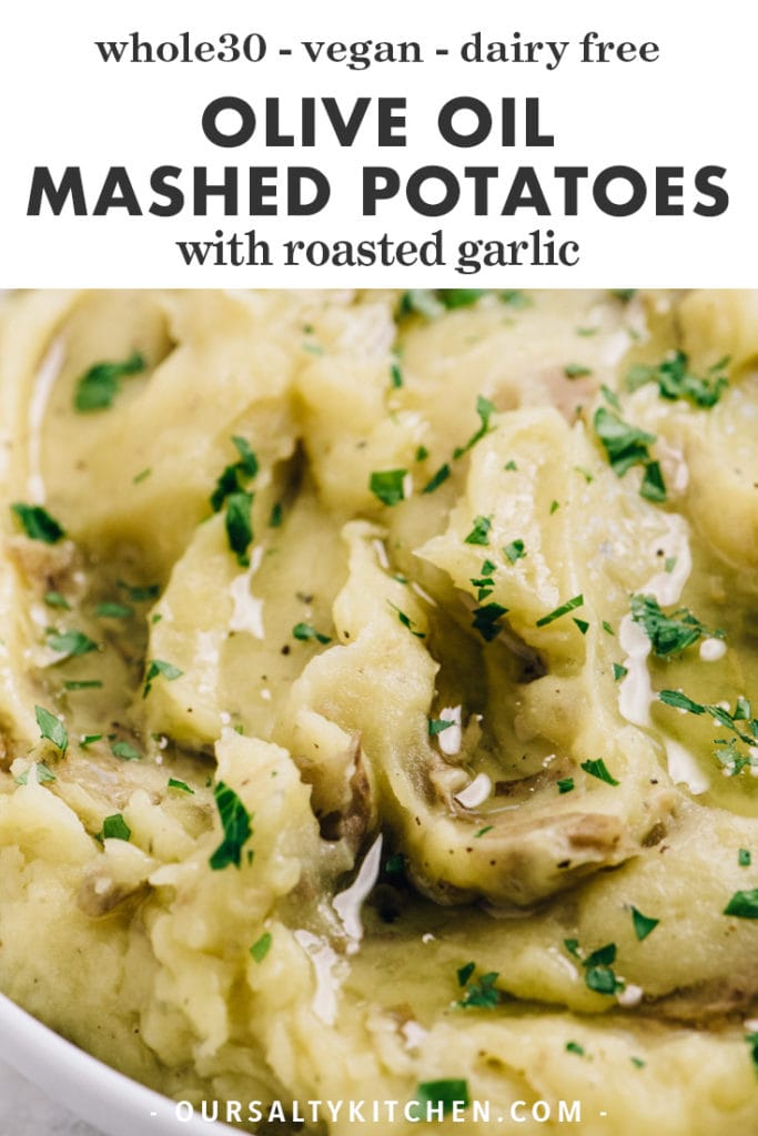 Pinterest image for olive oil mashed potatoes recipe with roasted garlic.