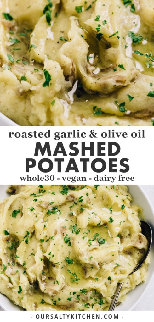 Pinterest collage for roasted garlic olive oil mashed potatoes recipe.
