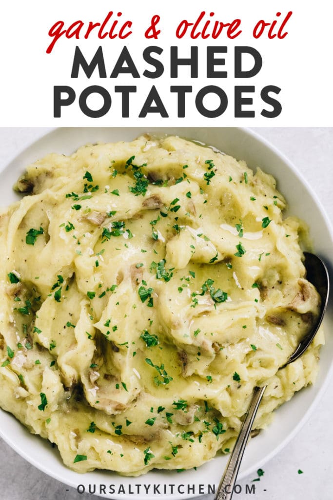 Pinterest image for olive oil mashed potatoes recipe with roasted garlic.