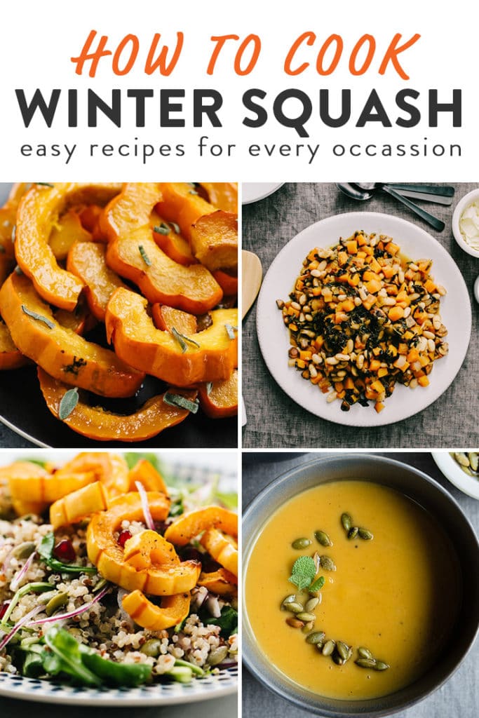 A collage of images showing various winter squash recipes.