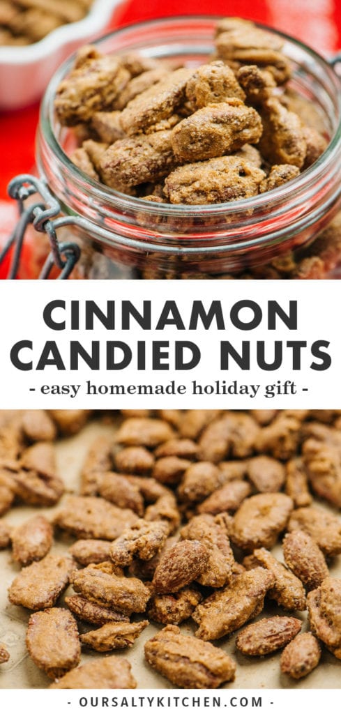 Pinterest collage for a homemade candied nuts recipe.
