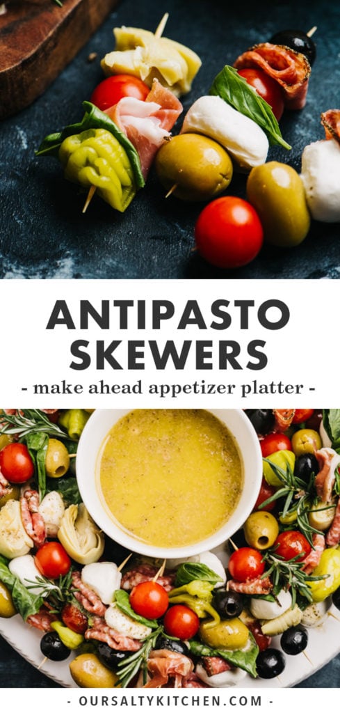 Pinterest collage for antipasto skewers platter.