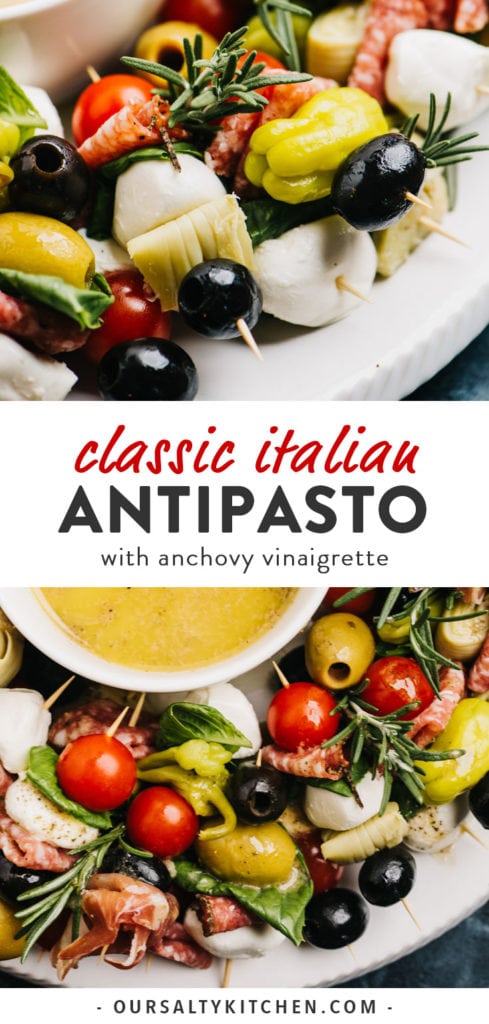 Pinterest collage for classic italian antipasto recipe.
