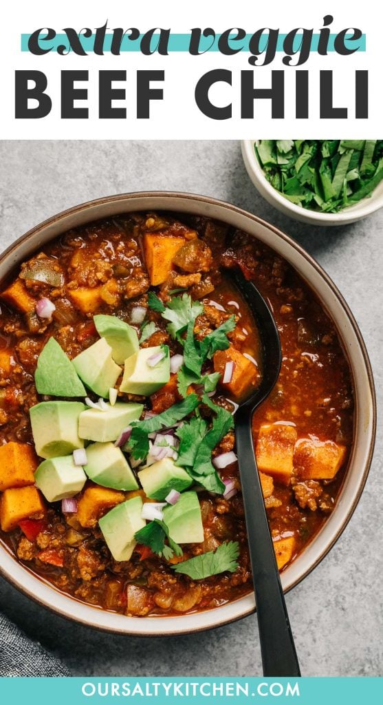 Pinterest image for a flexitarian beef chili recipe.