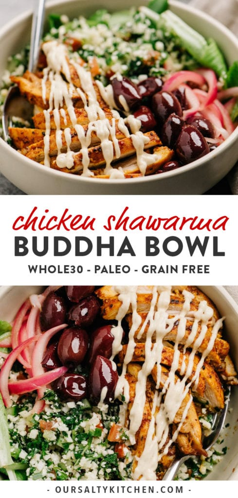 Pinterest collage for chicken shawarma meal prep bowl.