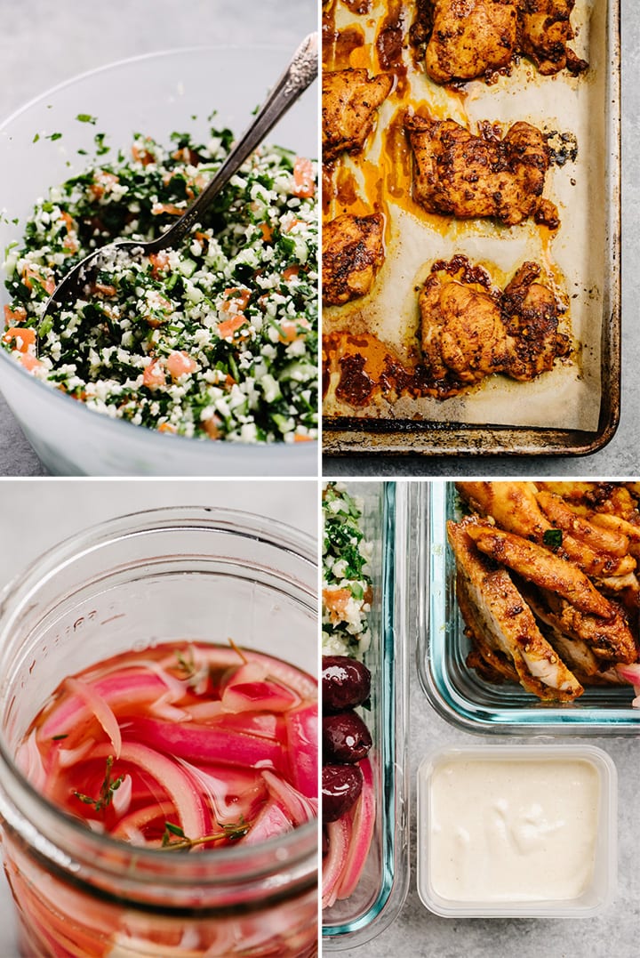 A collage showing the ingredients in shawarma bowls - chicken shawarma, tabbouleh, pickled red onions, tahini dressing, and olives.