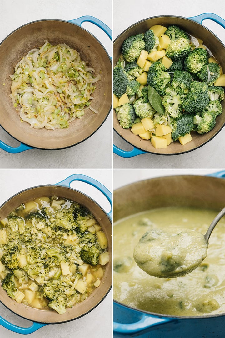 Four images showing how to make creamy Whole30 broccoli potato soup.