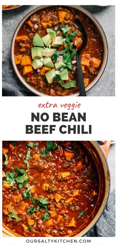 Top - a black spoon tucked into a bowl of healthy chili; bottom - beef chili with sweet potatoes in a dutch oven; title bar in the middle reads "extra veggie no bean beef chili".